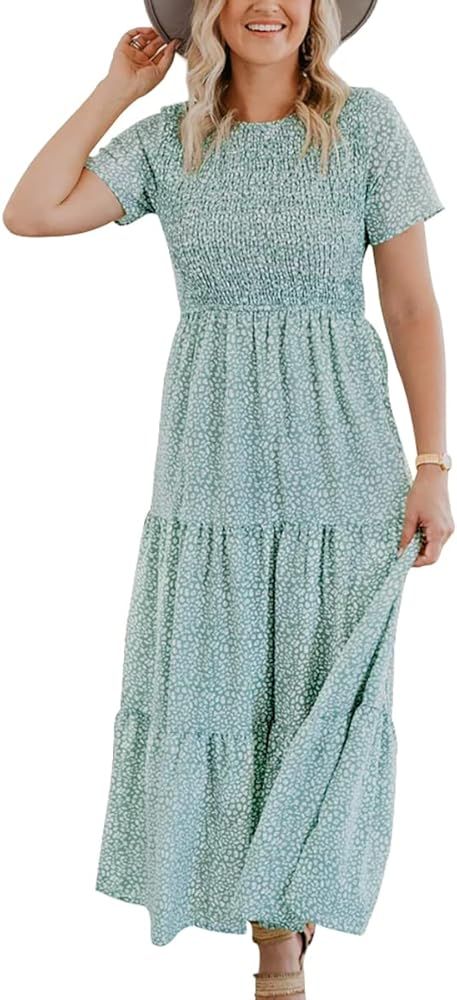 Maggeer Women's Summer Bohemian Short Sleeve Smocked Floral Tiered Maxi Dress | Amazon (US)