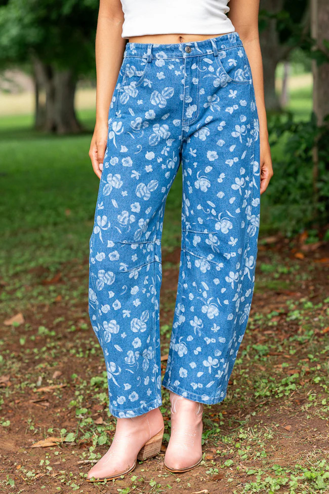 Katie Floral Printed Denim Barrel Jeans | Pink Lily