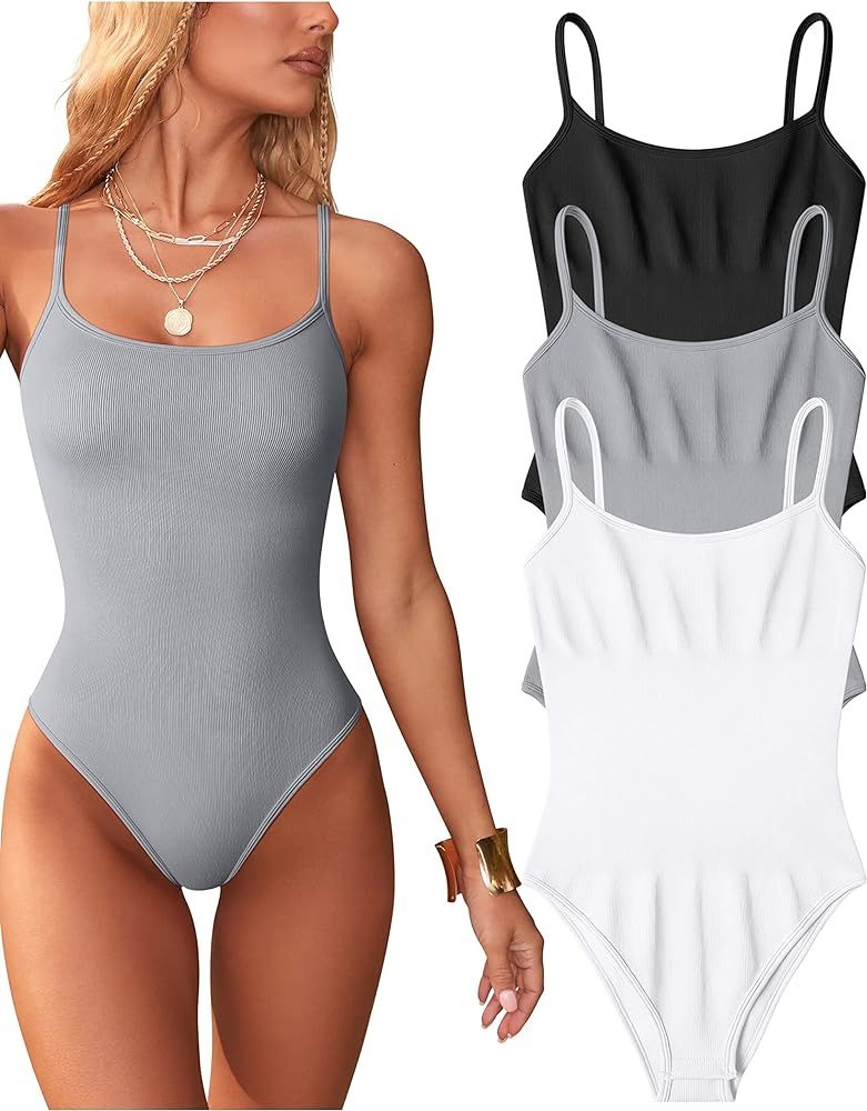 OQQ Women's 3 Piece Bodysuits Sexy Ribbed Sleeveless Adjustable Spaghetti Strip Tops Shapewear Bo... | Amazon (US)