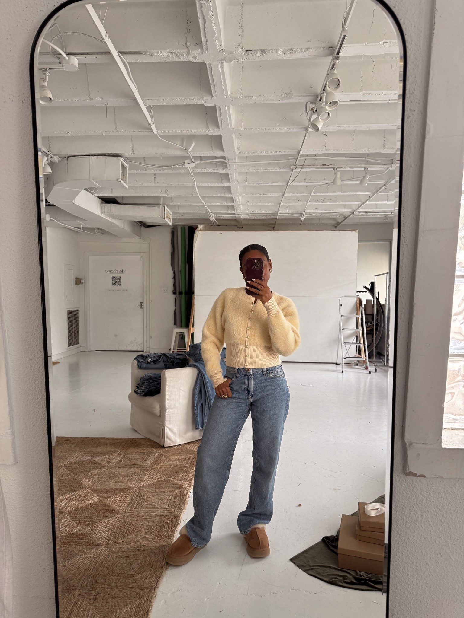 Fuzzy cardigan, Mika jeans, and Ugg slides with fur trim 

#LTKootd