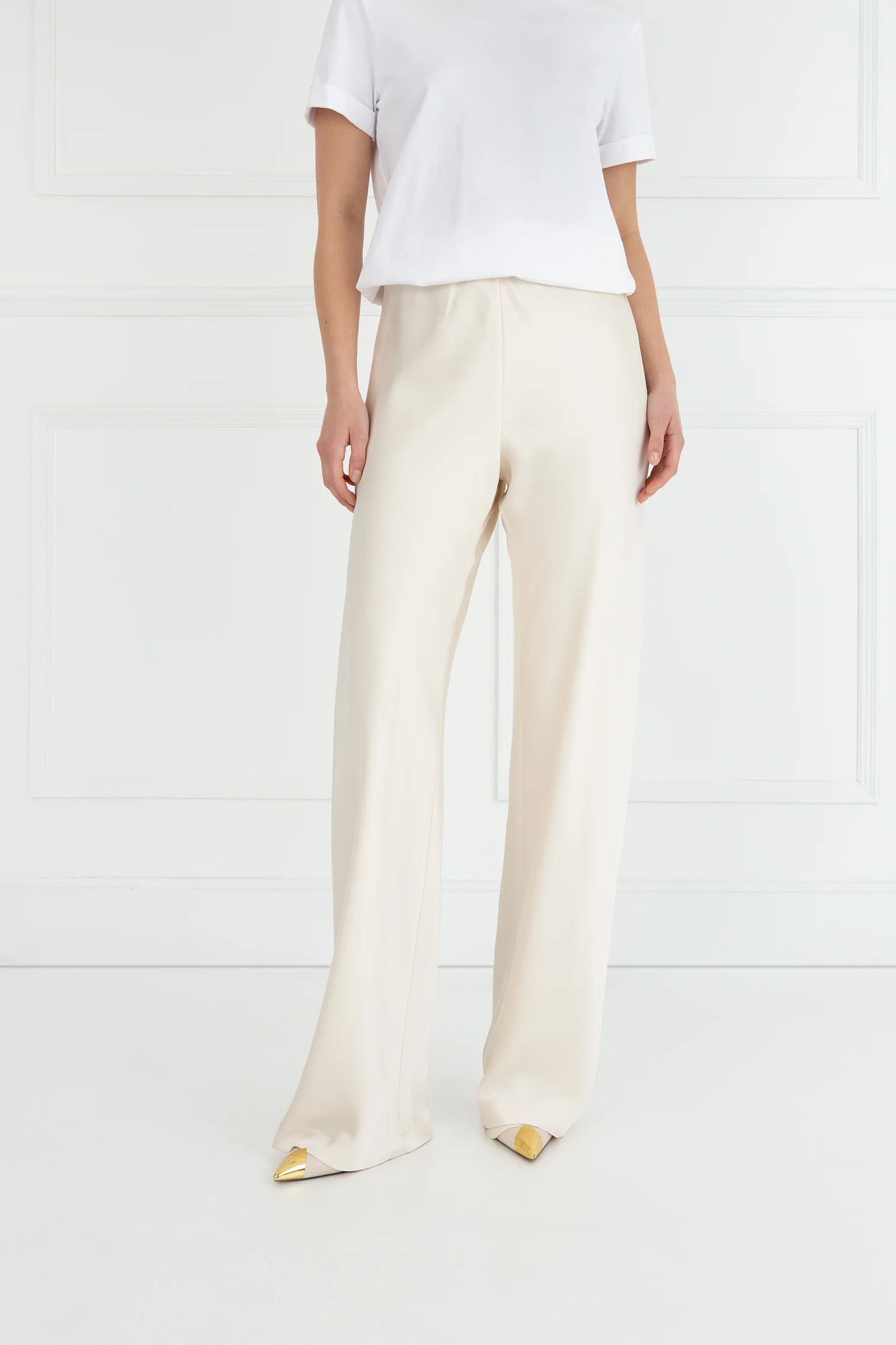 The Sandra | Cream Satin Trousers Classic Length | Sinead Keary