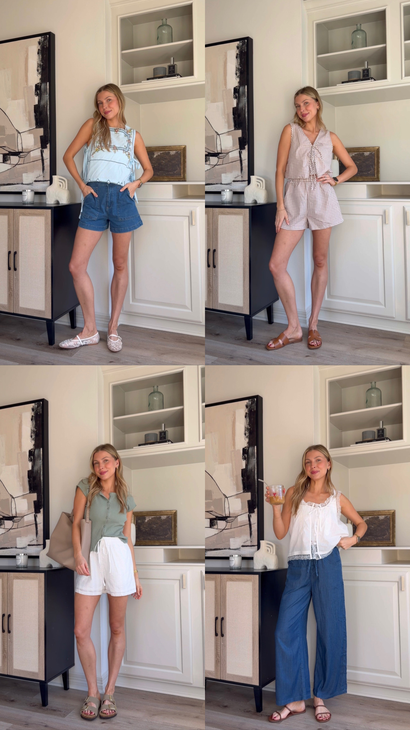 Comfy + put together mom outfits for spring | wearing S in blue top, S denim shorts, M plaid set, M green top, M white shorts, S lace top + 4 denim pants. 

 #LTKootd