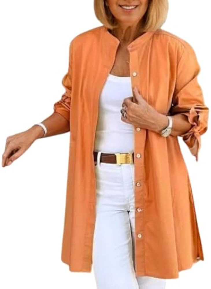 Cotton Linen Tops for Women Casual Plus Size Long Sleeve Button Down Shirt Stand Collar Basic Blouse Tops | Amazon (US)