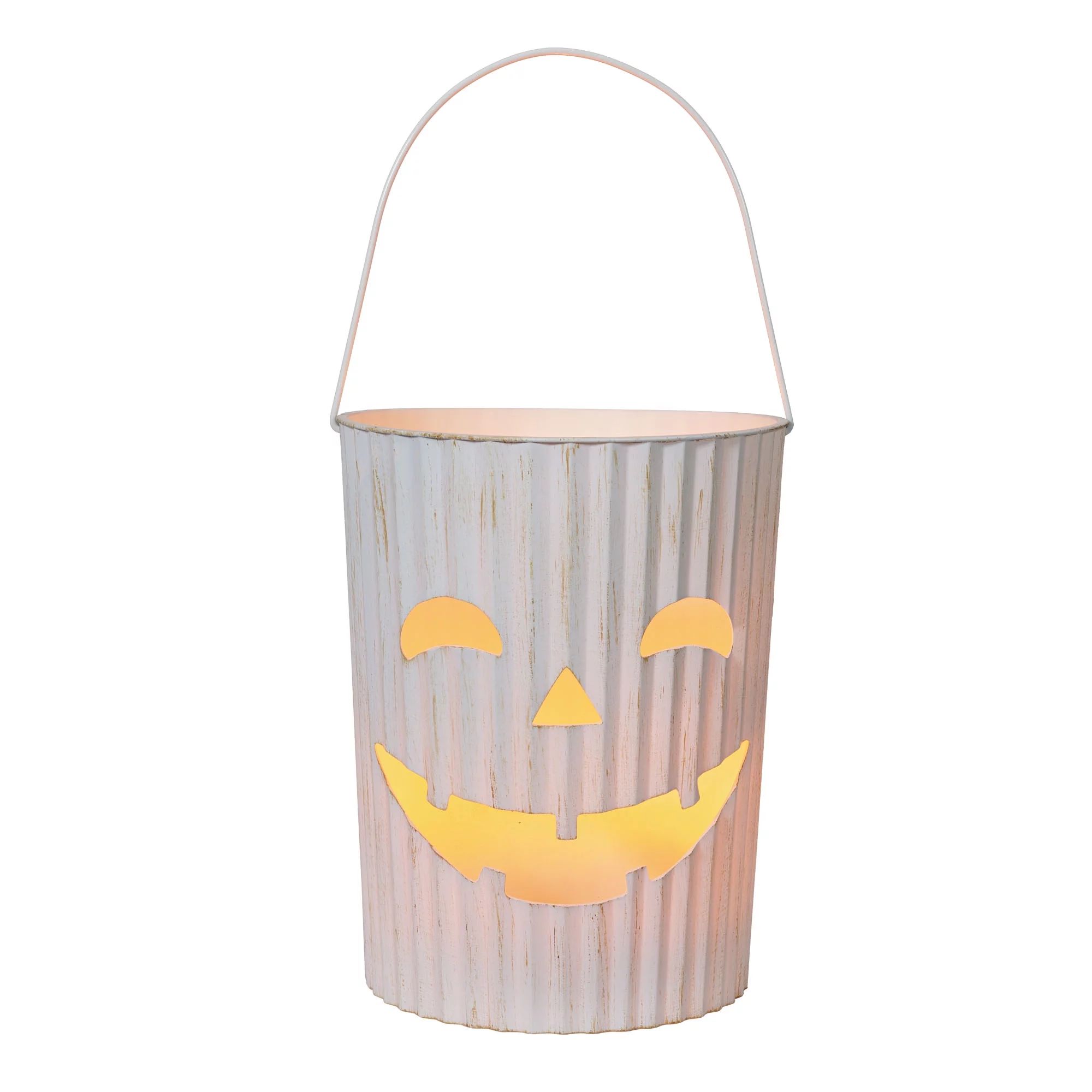 Way to Celebrate Halloween 10-Inch Battery Operated LED Crimped White Pumpkin Lantern with Timer ... | Walmart (US)