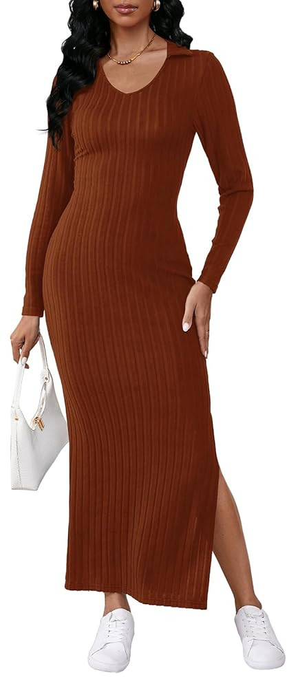 Women's Casual Long Sleeve Collar V Neck Maxi Sweater Dress Sexy Slit Thigh Ribbed Knit Bodycon P... | Amazon (US)
