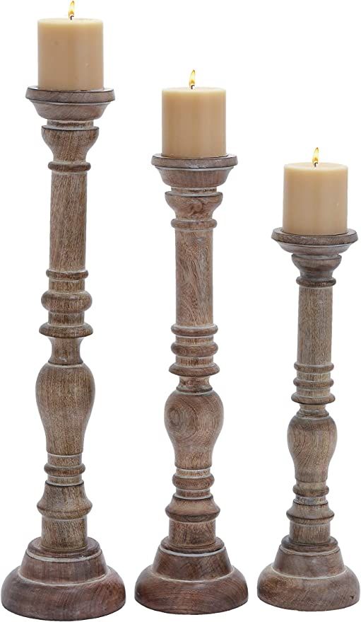 Deco 79 Mango Wood Handmade Candle Holder with Turned Style, Set of 3 24", 21", 17"H, Brown | Amazon (US)