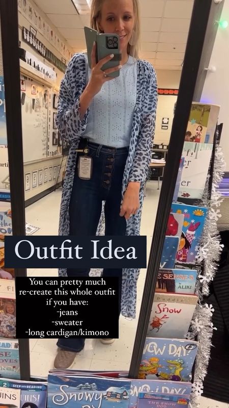 Teacher outfit idea: semi casual outfit for work. 
These stretchy flared jeans are so comfortable and made in the USA!  
I am wearing size 7.  
I love this blue short sleeve sweater with blue leopard print kimono!  

#LTKover40 #LTKstyletip #LTKfindsunder50