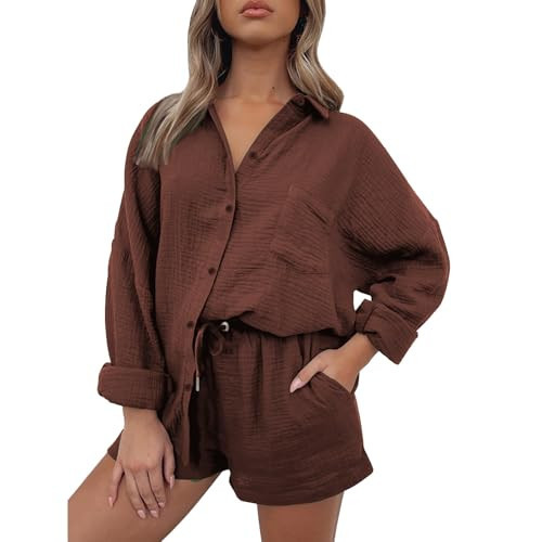 Linen Lounge Set for Women 2 Piece Loungewear Long Sleeve Button Down Shirt Drawstring Shorts Casual Pajama Outfit Coffee | Amazon (US)