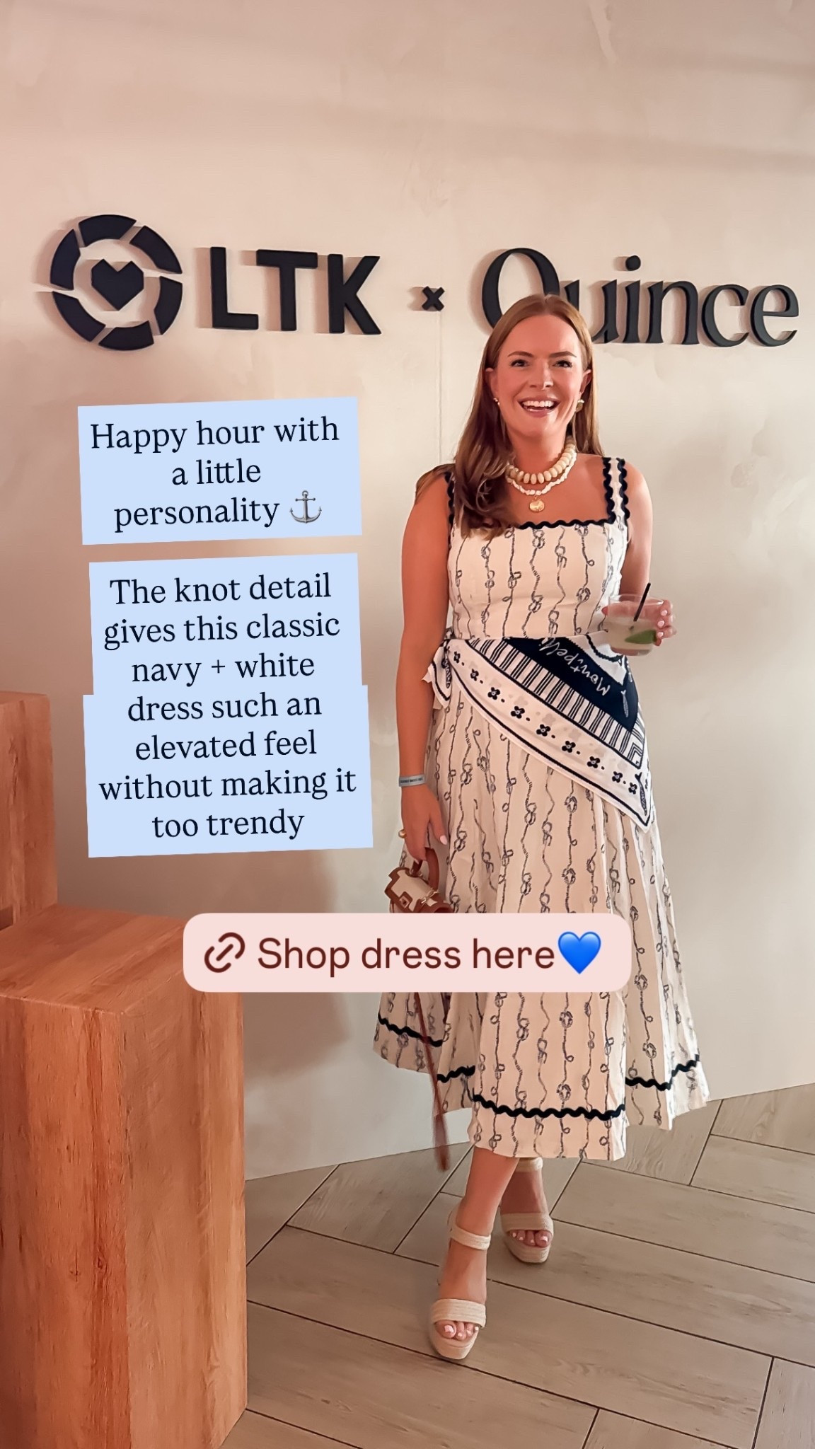 Happy hour with a little personality ⚓️

The knot detail gives this classic navy + white dress such an elevated feel without making it too trendy @shop.ltk 
@ltk.creators