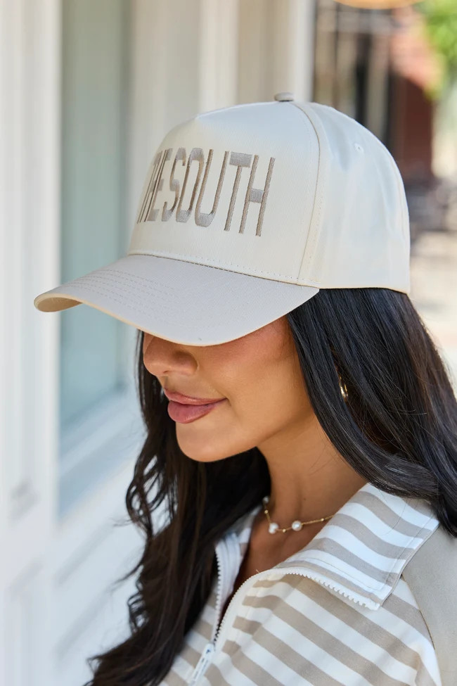 The South Natural/Khaki Embroidered Trucker Hat | Pink Lily