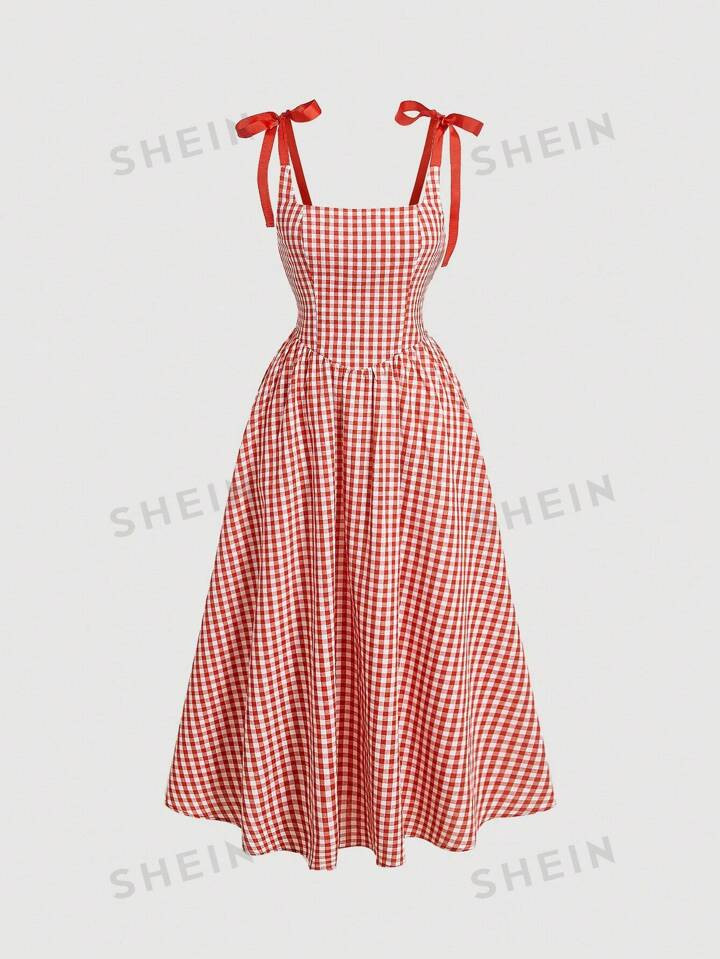 SHEIN MOD Gingham Print Spaghetti Strap Dress With Knot Detail On Shoulder | SHEIN