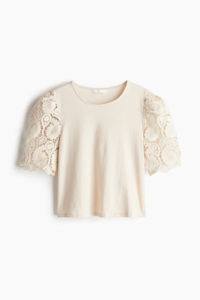 Lace-sleeved Top - Round Neck - Short sleeve - Light beige - Ladies | H&M US | H&M (US + CA)