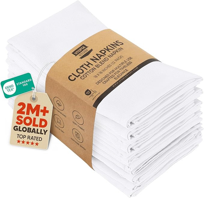 Utopia Kitchen White Cloth Napkins [12 Pack, 18x18 Inch] Absorbent Cotton Blend Washable and Reus... | Amazon (US)