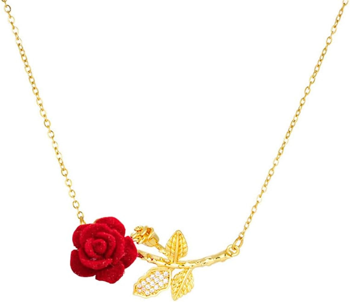 Elegant Rose Flower Pendant Necklace for Women Stainless Steel Gold Plated Crystal Leaf Blossom C... | Amazon (US)