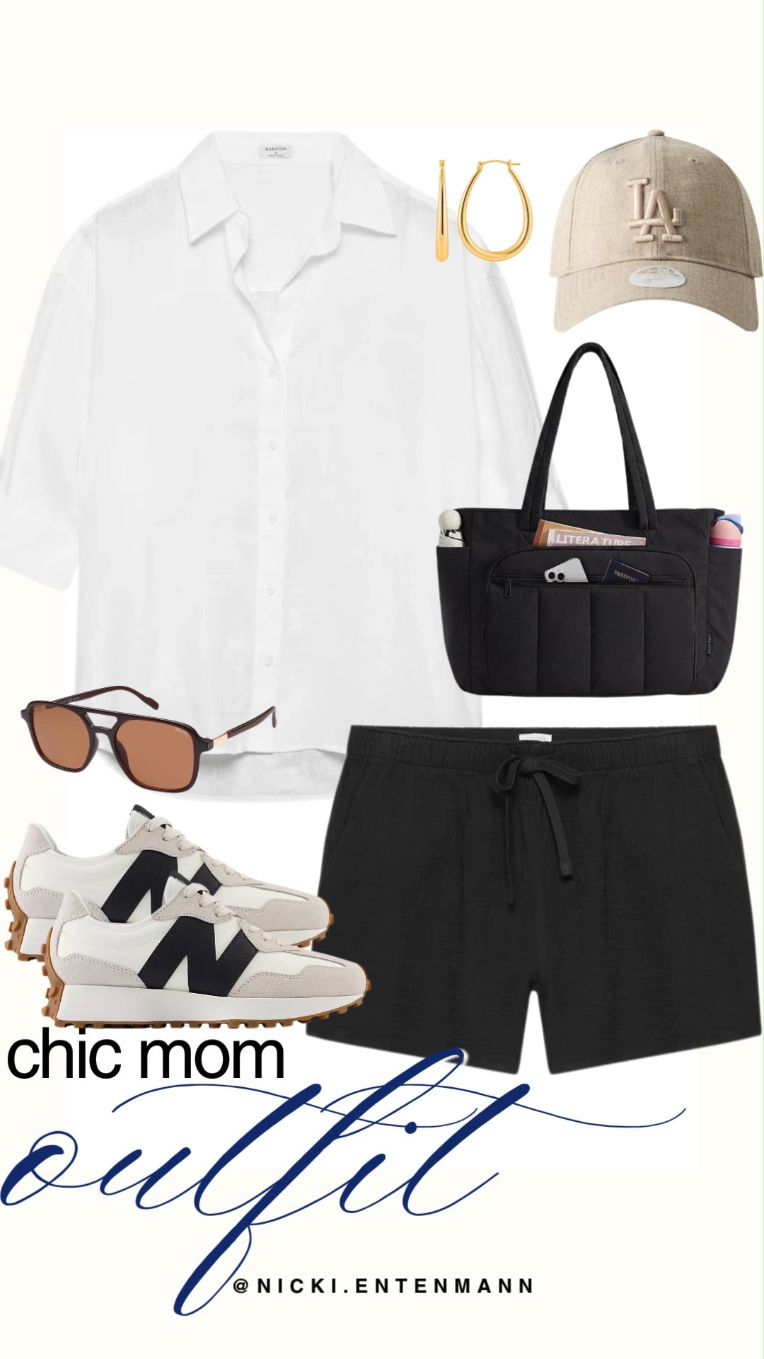 Stay effortlessly stylish with this chic mom outfit idea. A relaxed white button down shirt pairs with black drawstring shorts and retro sneakers, finished with LA cap, aviators, hoops, and spacious tote. #chicmom #momstyle #casualoutfit #everydayfashion #outfitinspiration #streetstyle #capsulewardrobe #momfit #shoppinghaul #modernliving 👟👜🕶️ 

 #LTKdayinmylife #LTKootd #LTKSaleAlert