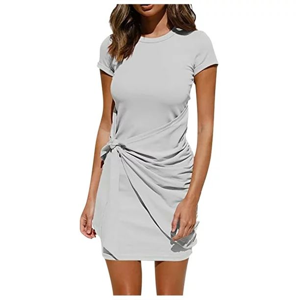 MIARHB Women Short Sleeve Solid Color Knee-length Dress Round Neck Pleated Dress | Walmart (US)