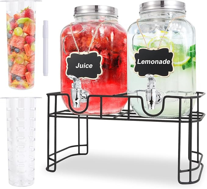 Glass Drink Dispenser with Tap, 2 x 4 Litre Drinks Dispenser with Fruit Infuser & Stand,Water Dis... | Amazon (UK)