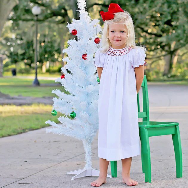 Smocked Red Bows White Dress | Classic Whimsy