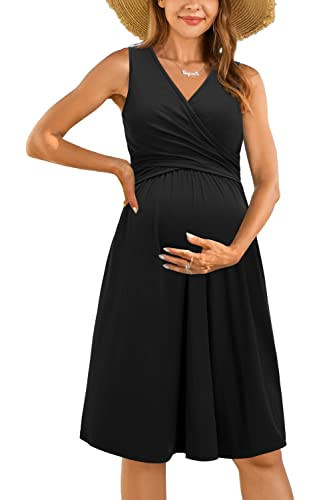 OUGES Womens Maternity Dresses for Photoshoot Nursing Pregnancy Baby Shower Dress(Black,L) | Amazon (US)