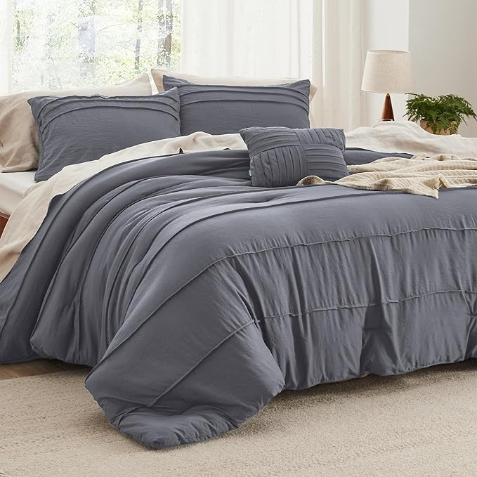 Bedsure Queen Comforter Set - 4 Pieces Pinch Pleat Bed Set, Dark Grey Boho Bedding for All Season... | Amazon (US)