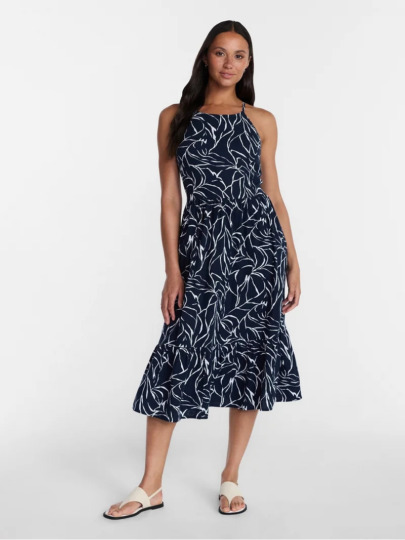Time and Tru Women's Linen Blend Lace Up Halter Dress, Sizes XS-XXXL | Walmart (US)
