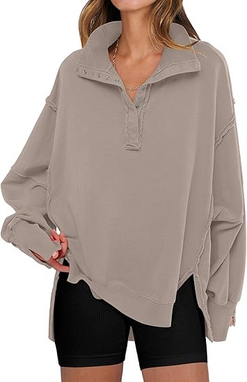 ANRABESS Women's Sweatshirts Oversized Casual Loose Button Up Henley Pullover Top High Low Split ... | Amazon (US)