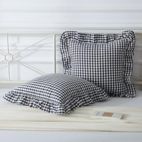 Black/White Plaid Ruffle Throw Pillow Covers Set of 2,Checkered Washed Cotton Gingham Decorative ... | Amazon (US)
