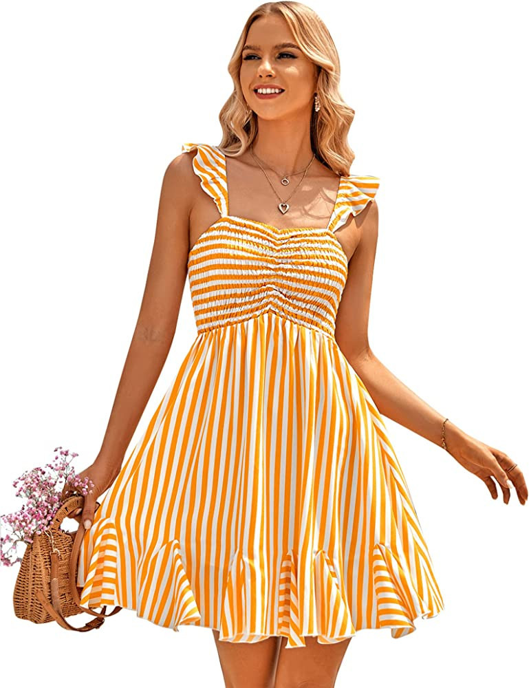 ROYAL MATRIX Women's Striped Summer Dress Ruffle Off Shoulder Beach Yellow Dress Yellow Mini Dress | Amazon (US)