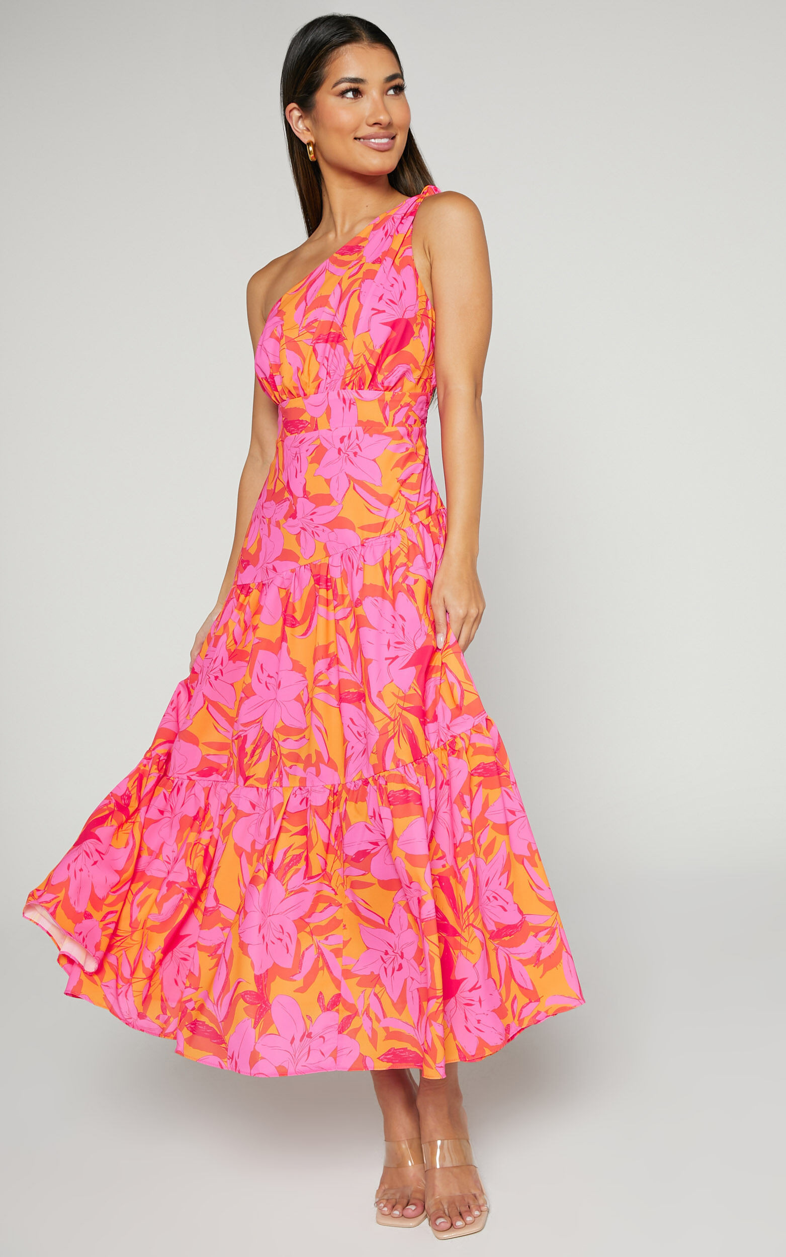 GEORGINE MIDI DRESS - ONE SHOULDER RUCHED TIERED DRESS in PINK AND ORANGE | Showpo (US, UK & Europe)