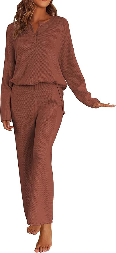 Ekoauer Pajamas Set Women Long Sleeve 2 Piece Outfits Knit Sweater Slouchy Button Sleepwear Sets ... | Amazon (US)