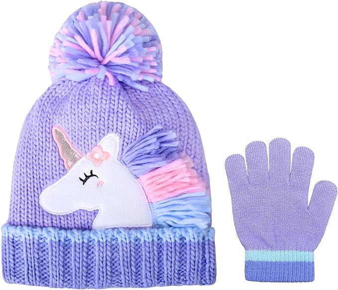 accsa Kids Knit Unicorn Beanie Hat with Gloves Girls Winter Beanie Hat with Pom Pom | Amazon (US)
