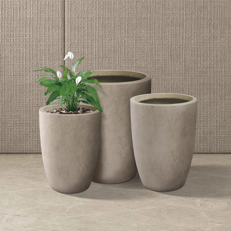 Kante 3 Piece 22.4", 20.4" and 18.1"H Round Charcoal Finish Concrete Modern Tall Planters, Outdoo... | Wayfair North America