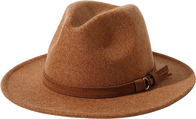 Lanzom Women Lady Felt Fedora Hat Wide Brim Wool Panama Hats with Band | Amazon (US)