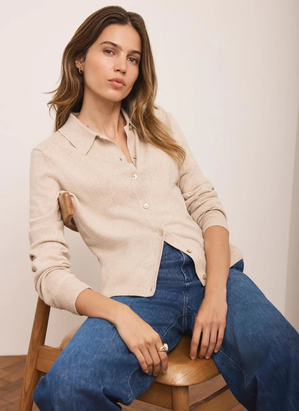 Neutral Cotton Blend Button Collar Cardigan | Mint Velvet