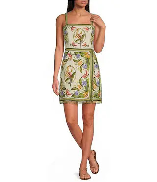 FARM Rio Tropical Scarf Square Neck Sleeveless Printed Linen Mini Dress | Dillard's
