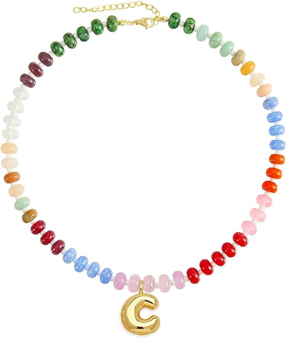 Elegant Boho Colorful Beaded Necklace with Gold Bubble Letter A-Z Pendant,Handmade Trendy Summer ... | Amazon (US)