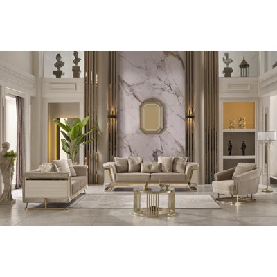 Taylianna 3-Piece Living Room Set – Beige Sofa and Two Chairs with Gold Accents | Wayfair North America