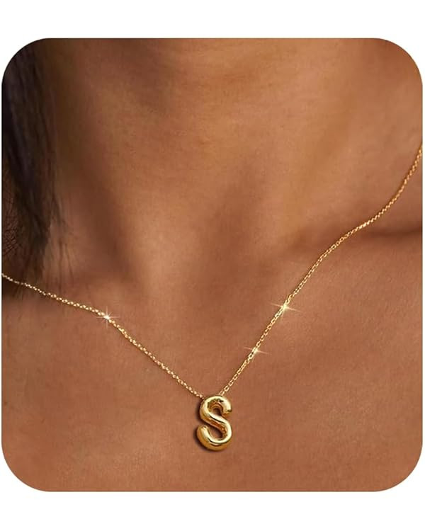 Lapifo 14K Gold Plated Initial Necklaces | Chunky Bubble Letter Pendant Necklace for Women Trendy... | Amazon (US)