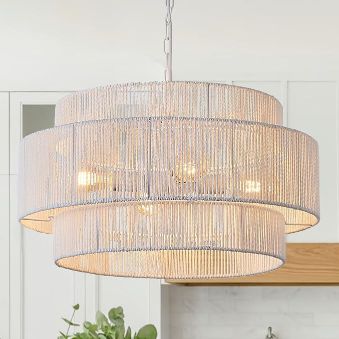 3-Tier Large Rattan Chandelier, 22.8in White Boho Coastal Pendant Lights, Woven Hemp Rope Hanging... | Amazon (US)