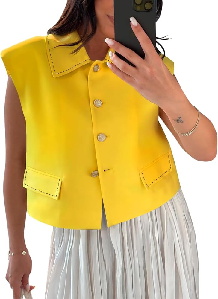 Tankaneo Womens Cropped Suit Vest Tops Cap Sleeve Lapel Collar Button Down Trendy Casual Blazer W... | Amazon (US)