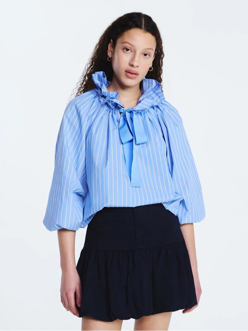 Free Assembly Women's Ruffle Tie Neck Cotton Top with Long Puff Sleeves, Sizes XS-XXL | Walmart (US)