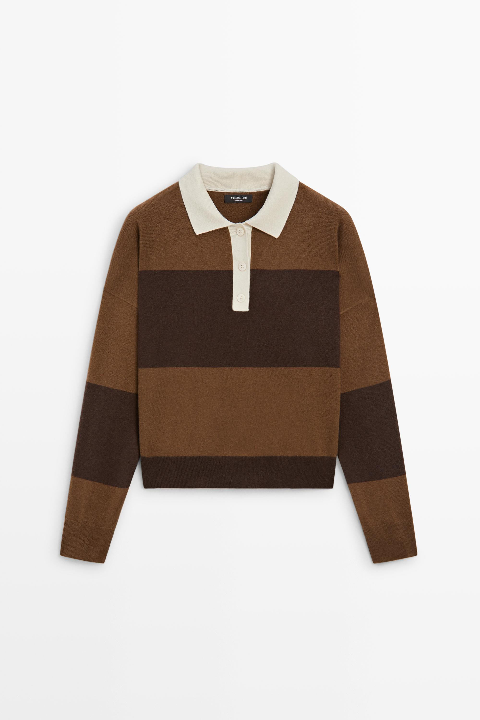 Striped knit sweater with polo collar - BROWN | Massimo Dutti US