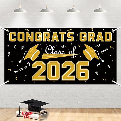 2026 Graduation Decorations - Black Gold Polyester Graduation Backdrop - Graduation Party Decorat... | Amazon (US)
