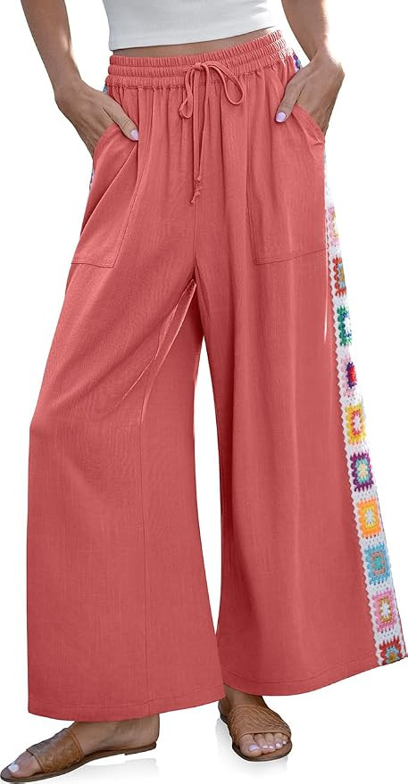 TARSE Women Wide Leg Linen Pants Boho Crochet Trim Drawstring Palazzo Pants | Elastic Drawstring ... | Amazon (US)