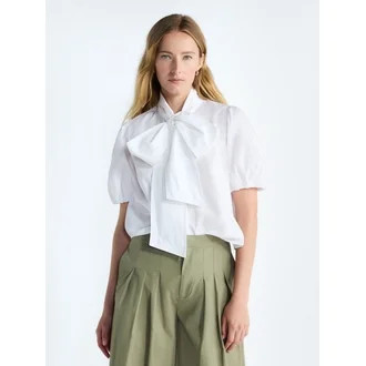 Free Assembly Women's Cotton Bow Blouse with Short Puff Sleeves, Sizes XS-XXL | Walmart (US)