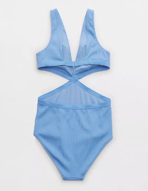 Aerie Ribbed Mix Crossover Cut Out One Piece Swimsuit | American Eagle Outfitters (US & CA)