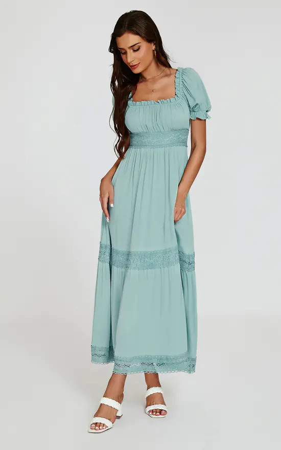 Lace Detail Puff Sleeve Midi Dress In Light Blue | FS Collection | SilkFred | SilkFred