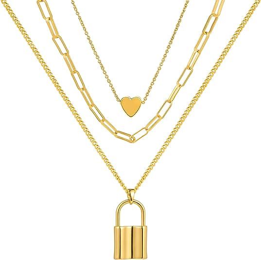micuco 14K Gold Plated Layered Necklace Lock Heart Bean Disc Pendant Long Chain Dainty Statement ... | Amazon (US)