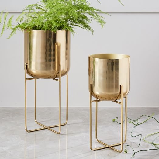 Spun Metal Standing Planter - Brass | West Elm (US)