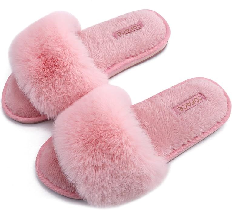 COFACE Womens Slides Fuzzy Slippers Open Toe Fluff Slippers With Arch Support Plantar Fasciitis O... | Amazon (US)